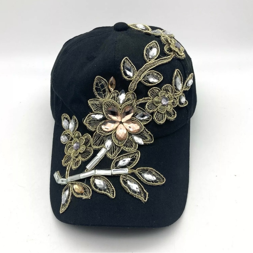 Embellished Black Cap with Gold Floral Design
